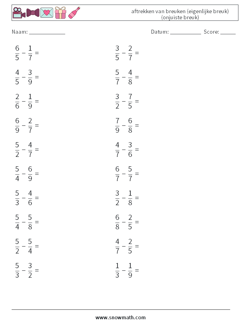 (20) aftrekken van breuken (eigenlijke breuk) (onjuiste breuk) Wiskundige werkbladen 15