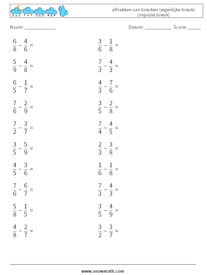 (20) aftrekken van breuken (eigenlijke breuk) (onjuiste breuk) Wiskundige werkbladen 16