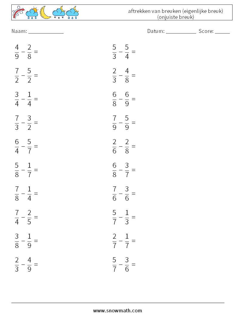 (20) aftrekken van breuken (eigenlijke breuk) (onjuiste breuk) Wiskundige werkbladen 17