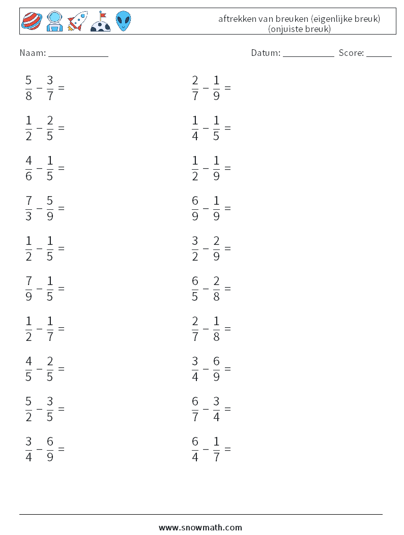 (20) aftrekken van breuken (eigenlijke breuk) (onjuiste breuk) Wiskundige werkbladen 3
