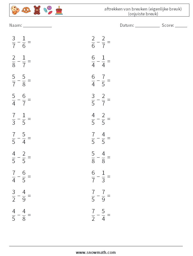 (20) aftrekken van breuken (eigenlijke breuk) (onjuiste breuk) Wiskundige werkbladen 4