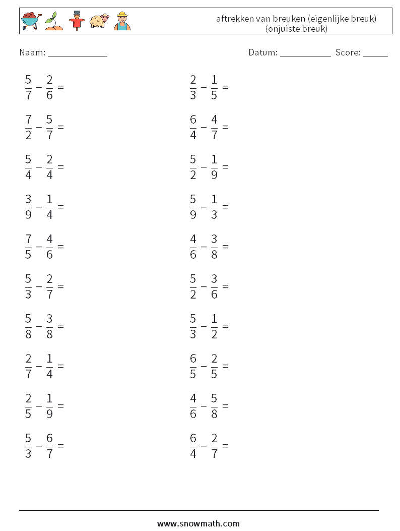 (20) aftrekken van breuken (eigenlijke breuk) (onjuiste breuk) Wiskundige werkbladen 5