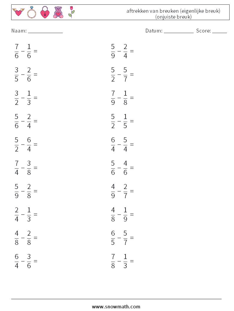 (20) aftrekken van breuken (eigenlijke breuk) (onjuiste breuk) Wiskundige werkbladen 6