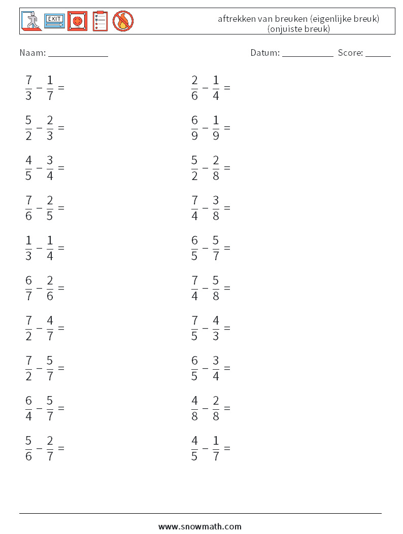 (20) aftrekken van breuken (eigenlijke breuk) (onjuiste breuk) Wiskundige werkbladen 9