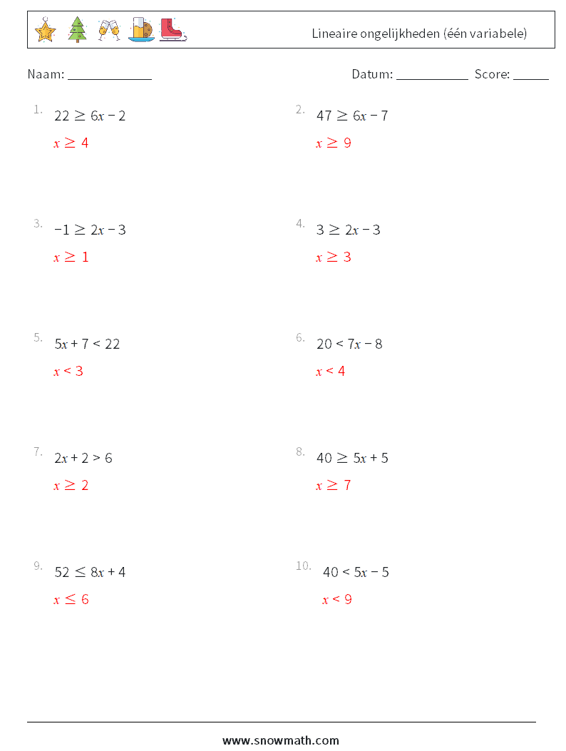 Lineaire ongelijkheden (één variabele) Wiskundige werkbladen 1 Vraag, Antwoord