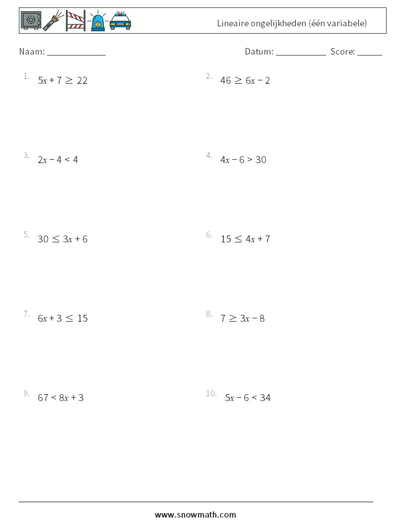 Lineaire ongelijkheden (één variabele) Wiskundige werkbladen 2