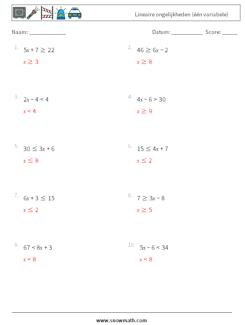 Lineaire ongelijkheden (één variabele) Wiskundige werkbladen 2 Vraag, Antwoord