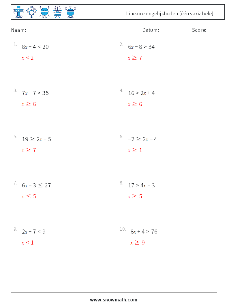 Lineaire ongelijkheden (één variabele) Wiskundige werkbladen 3 Vraag, Antwoord