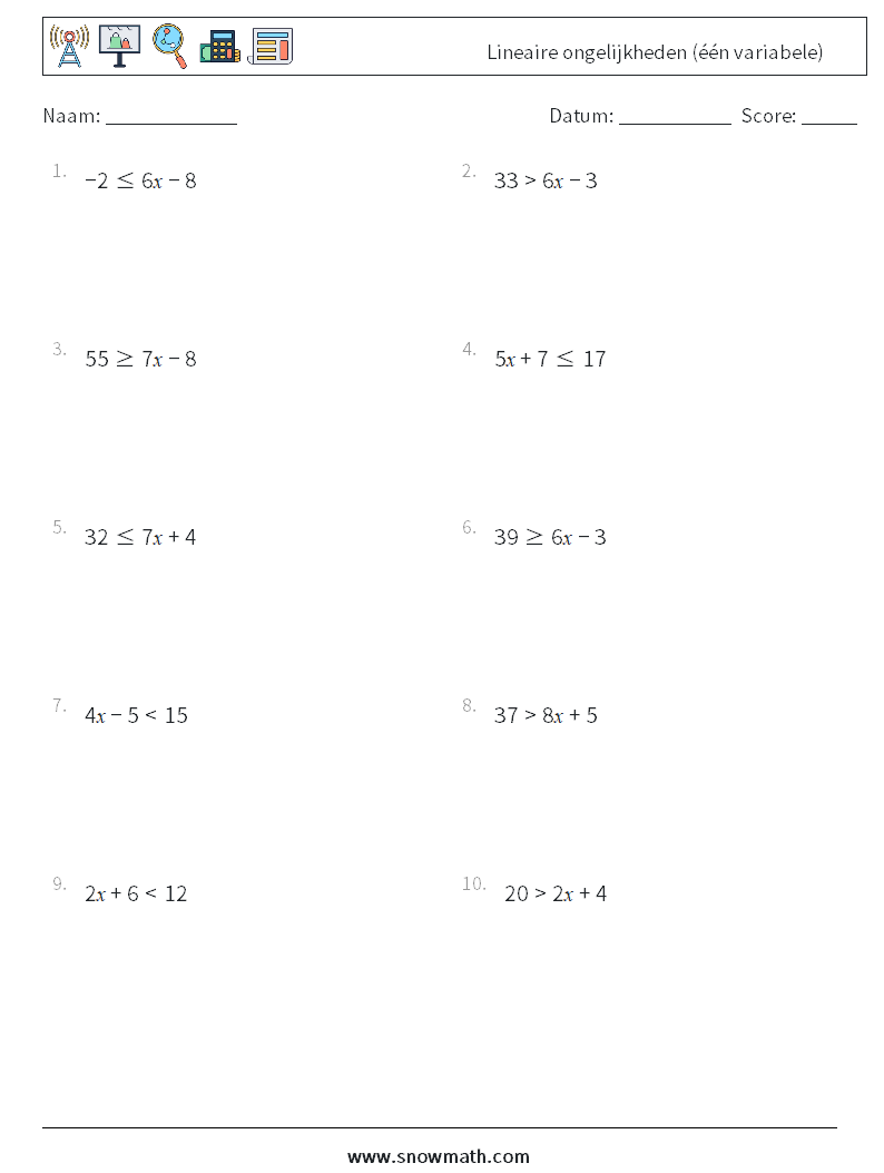 Lineaire ongelijkheden (één variabele) Wiskundige werkbladen 4