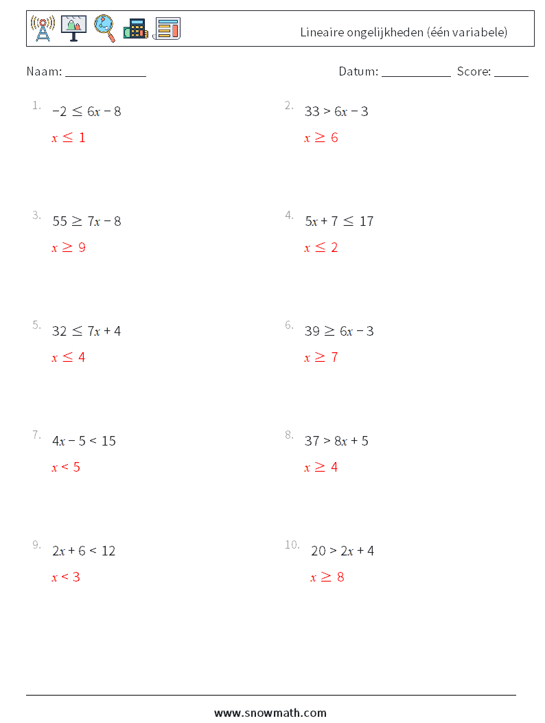 Lineaire ongelijkheden (één variabele) Wiskundige werkbladen 4 Vraag, Antwoord