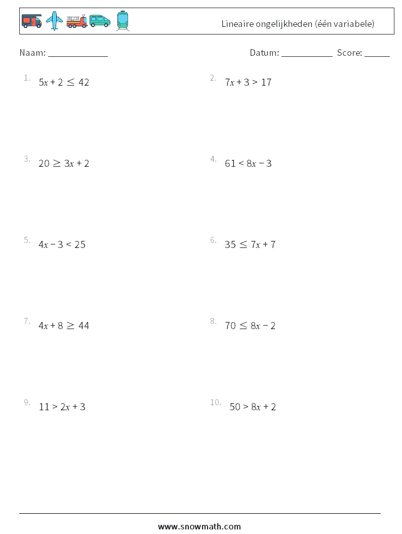 Lineaire ongelijkheden (één variabele) Wiskundige werkbladen 5