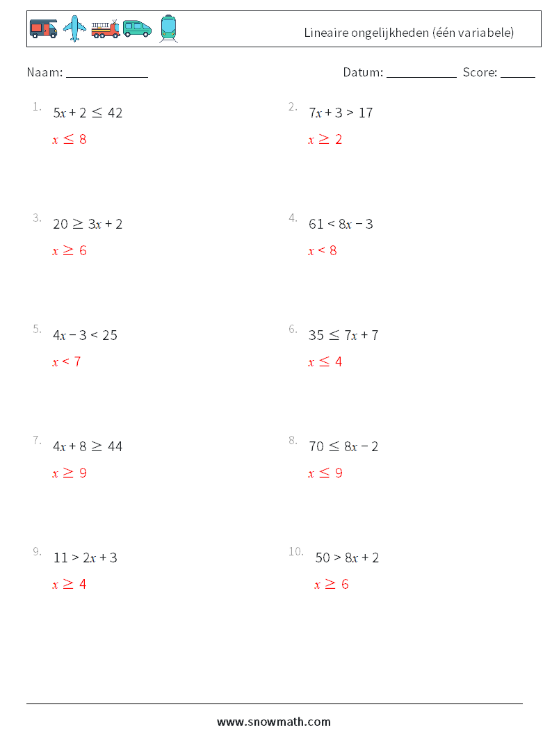 Lineaire ongelijkheden (één variabele) Wiskundige werkbladen 5 Vraag, Antwoord