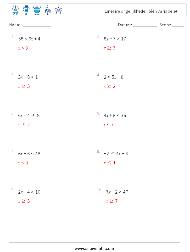 Lineaire ongelijkheden (één variabele) Wiskundige werkbladen 6 Vraag, Antwoord