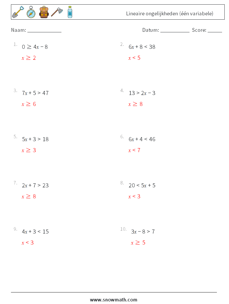 Lineaire ongelijkheden (één variabele) Wiskundige werkbladen 7 Vraag, Antwoord