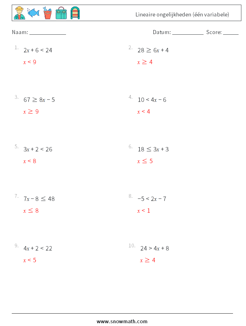 Lineaire ongelijkheden (één variabele) Wiskundige werkbladen 8 Vraag, Antwoord