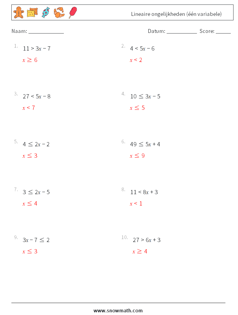 Lineaire ongelijkheden (één variabele) Wiskundige werkbladen 9 Vraag, Antwoord
