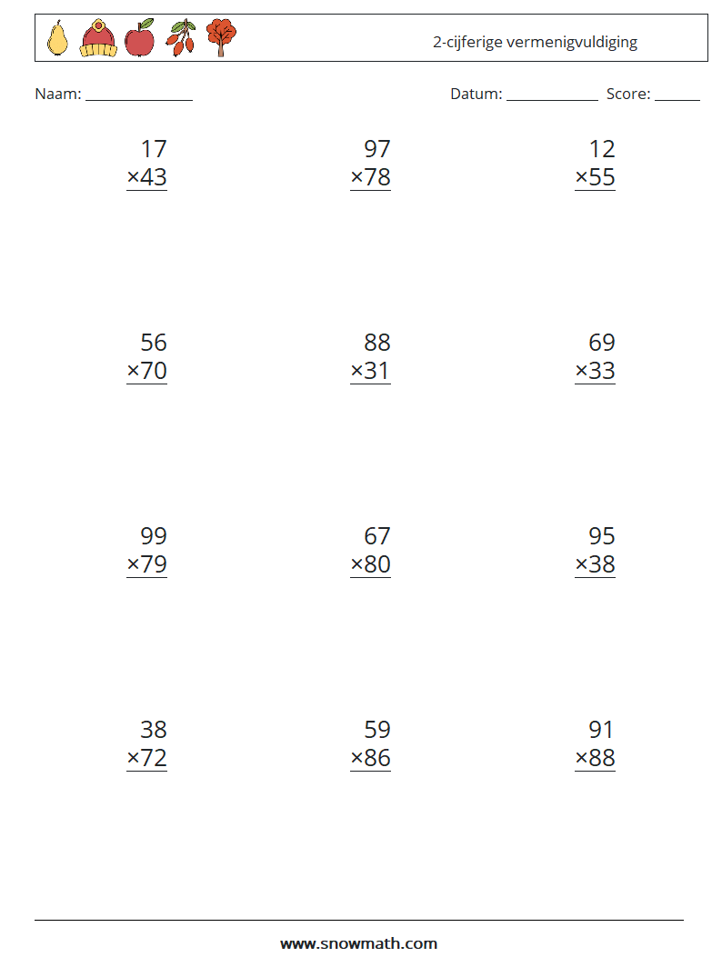 (12) 2-cijferige vermenigvuldiging Wiskundige werkbladen 12