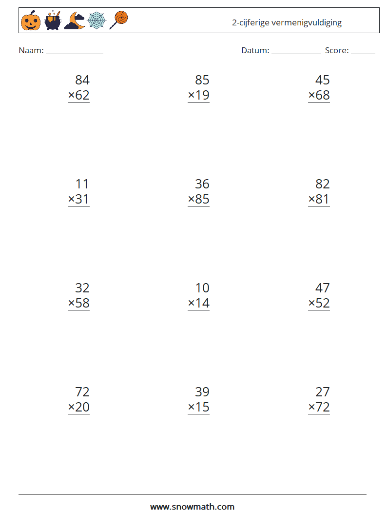 (12) 2-cijferige vermenigvuldiging Wiskundige werkbladen 13