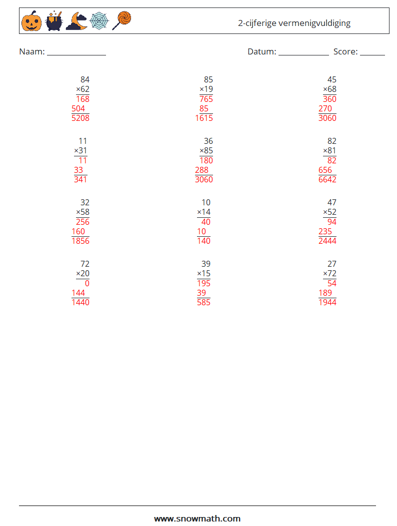 (12) 2-cijferige vermenigvuldiging Wiskundige werkbladen 13 Vraag, Antwoord