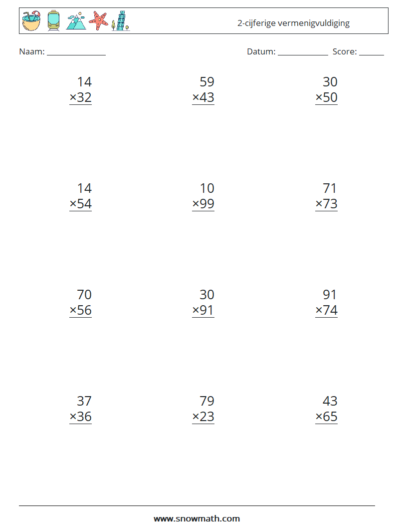 (12) 2-cijferige vermenigvuldiging Wiskundige werkbladen 14