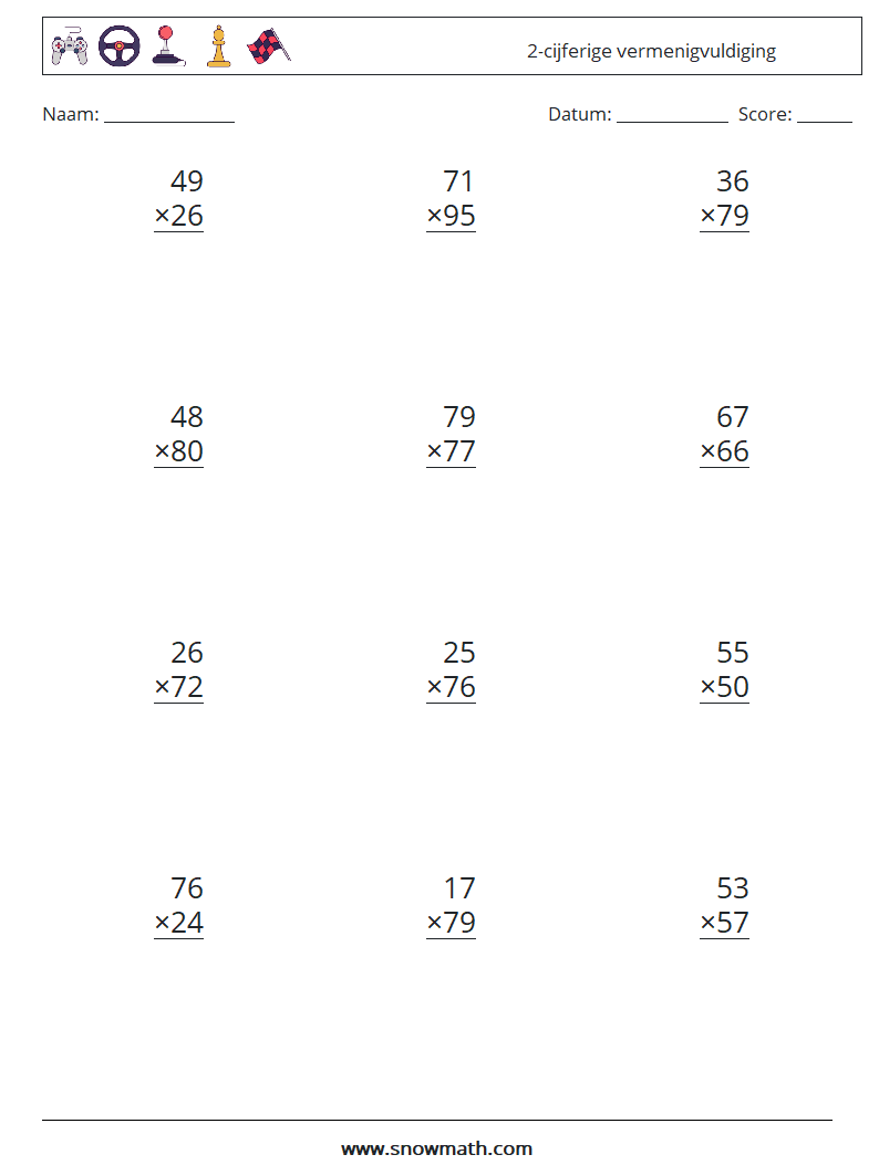 (12) 2-cijferige vermenigvuldiging Wiskundige werkbladen 15