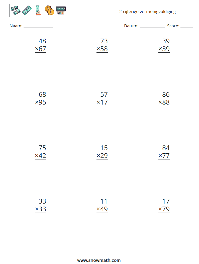 (12) 2-cijferige vermenigvuldiging Wiskundige werkbladen 16