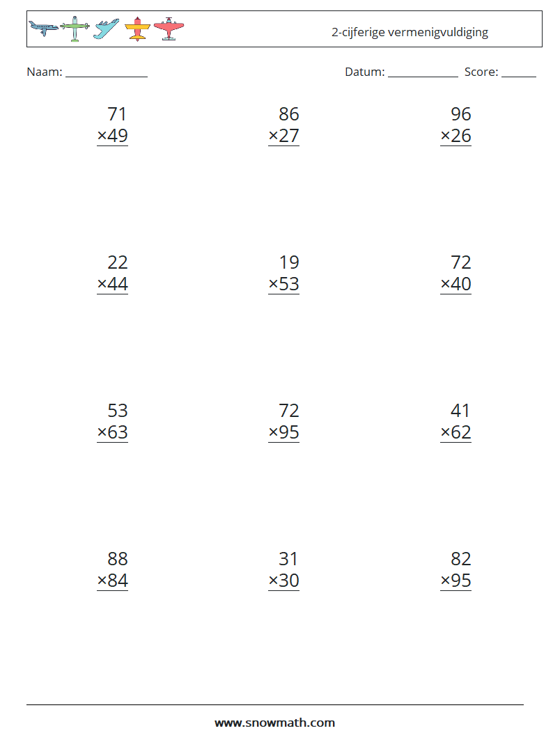 (12) 2-cijferige vermenigvuldiging Wiskundige werkbladen 17
