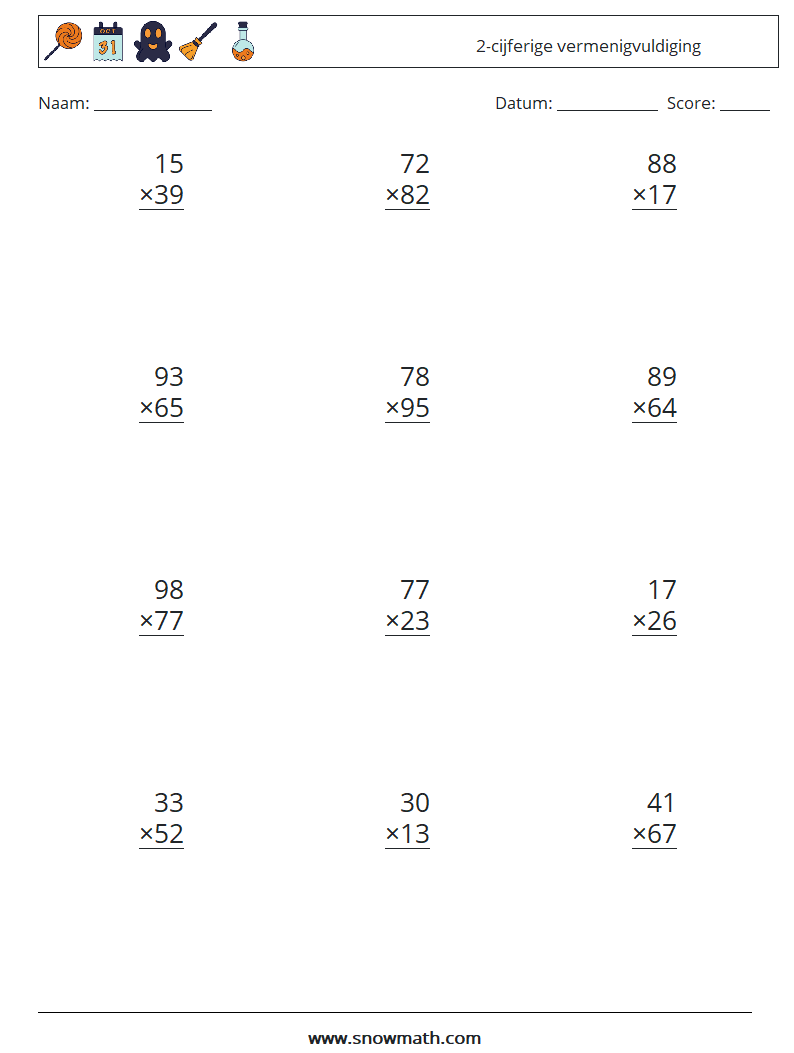 (12) 2-cijferige vermenigvuldiging Wiskundige werkbladen 18