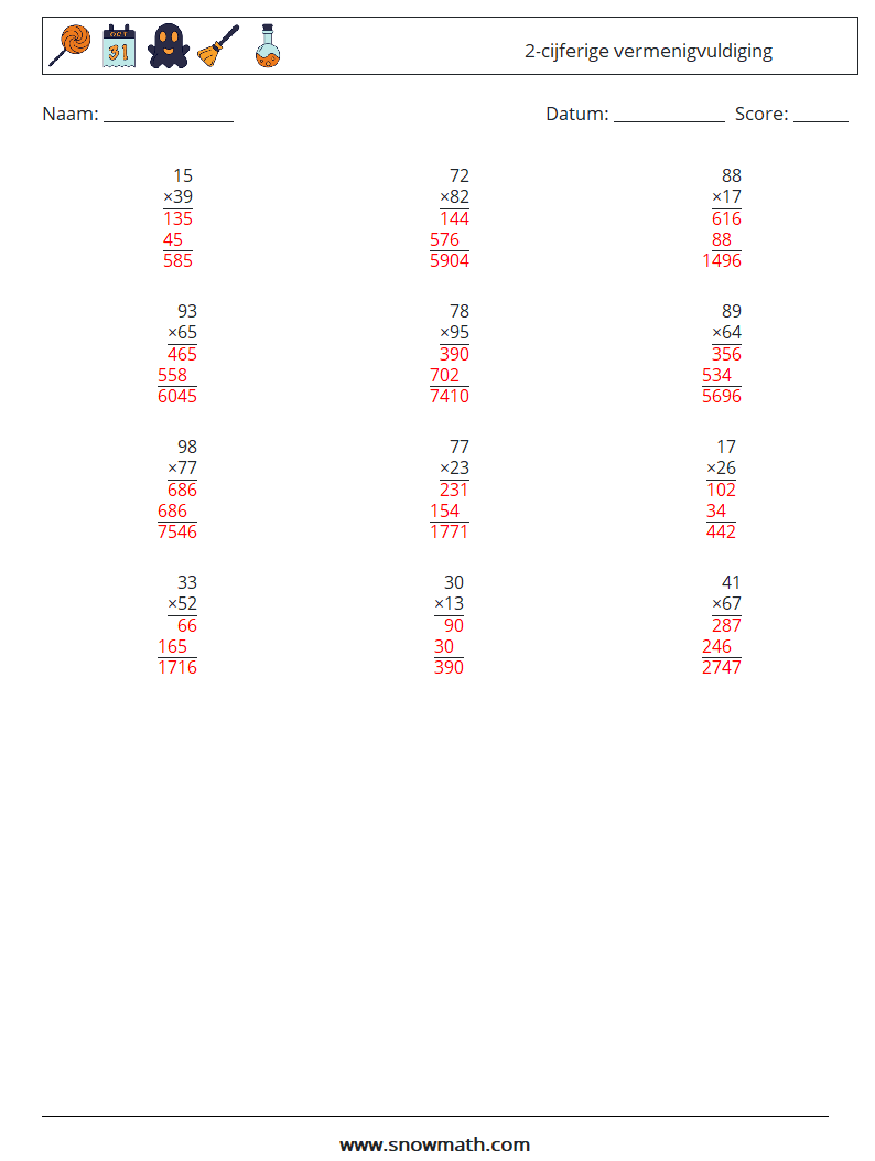 (12) 2-cijferige vermenigvuldiging Wiskundige werkbladen 18 Vraag, Antwoord