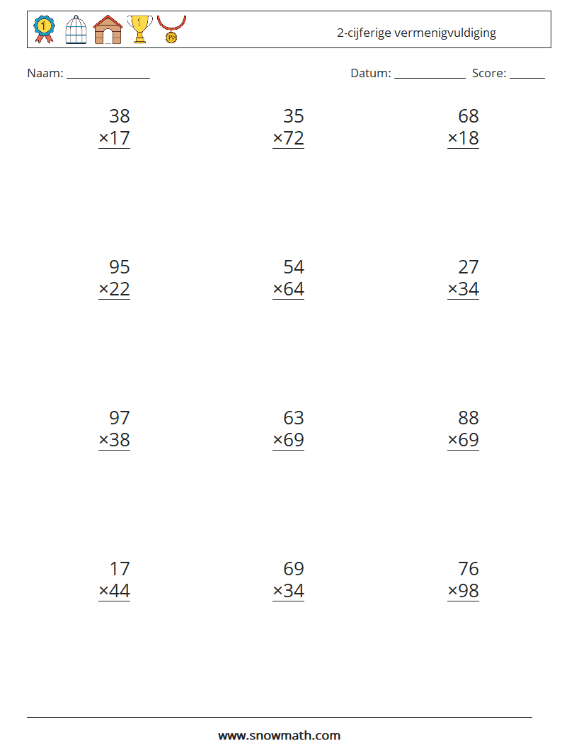 (12) 2-cijferige vermenigvuldiging Wiskundige werkbladen 2