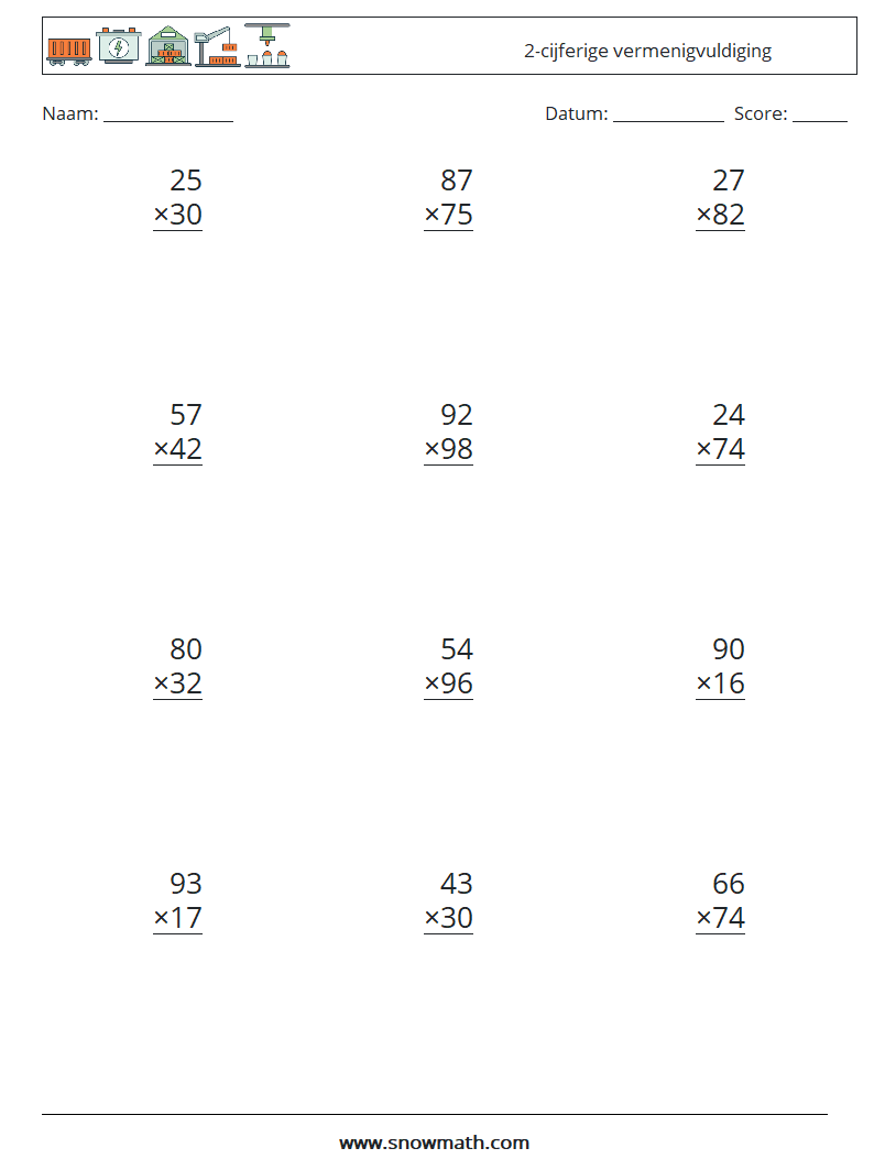 (12) 2-cijferige vermenigvuldiging Wiskundige werkbladen 3
