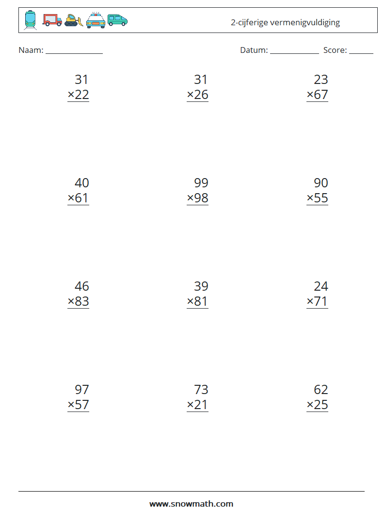 (12) 2-cijferige vermenigvuldiging Wiskundige werkbladen 4