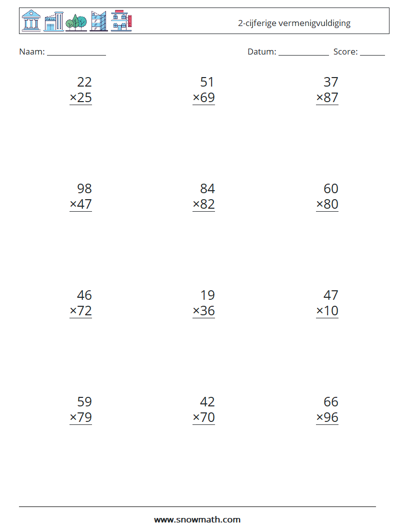 (12) 2-cijferige vermenigvuldiging Wiskundige werkbladen 5