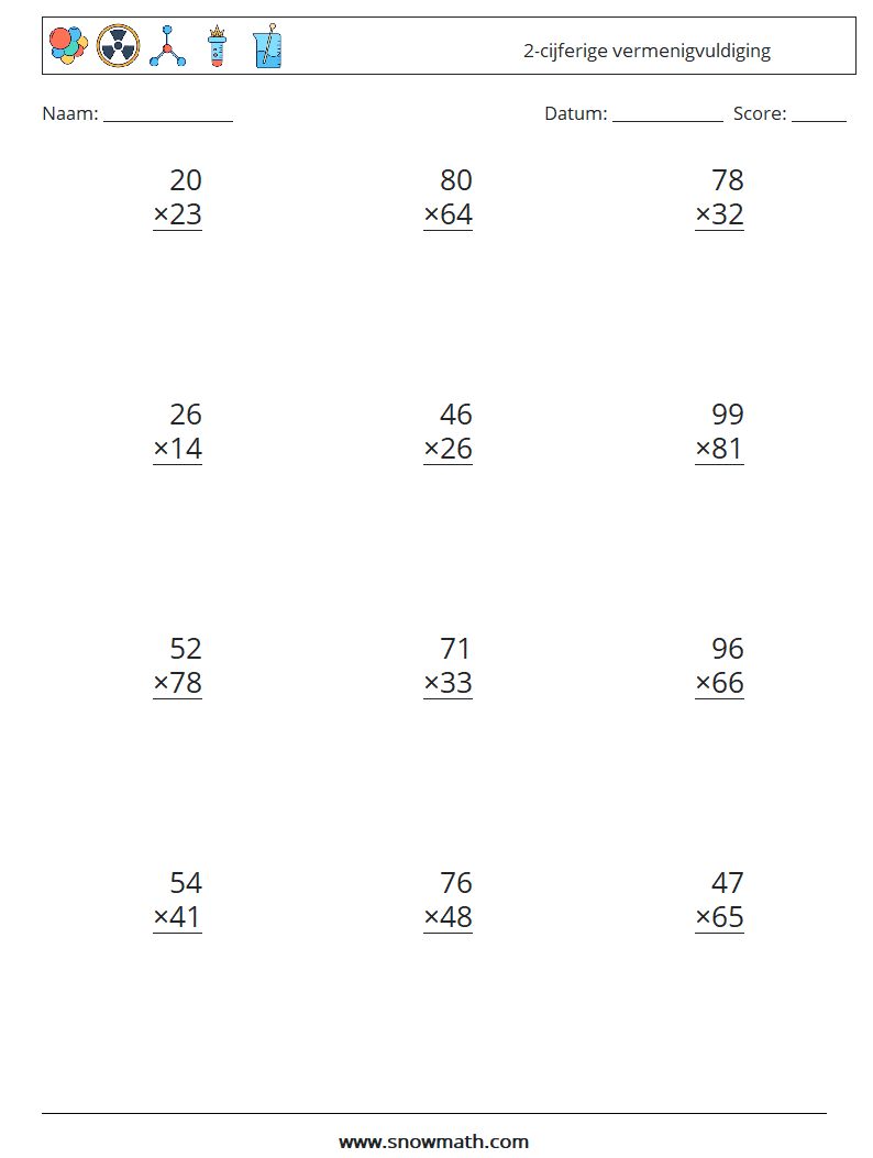 (12) 2-cijferige vermenigvuldiging Wiskundige werkbladen 8