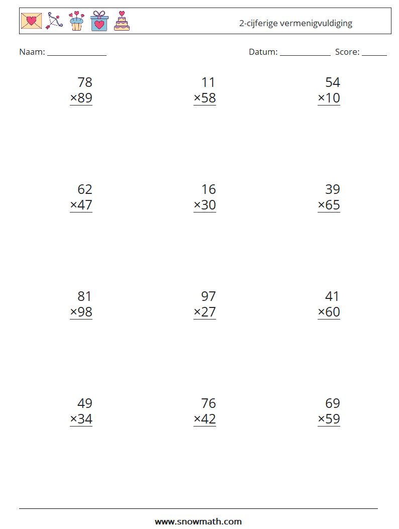 (12) 2-cijferige vermenigvuldiging Wiskundige werkbladen 9