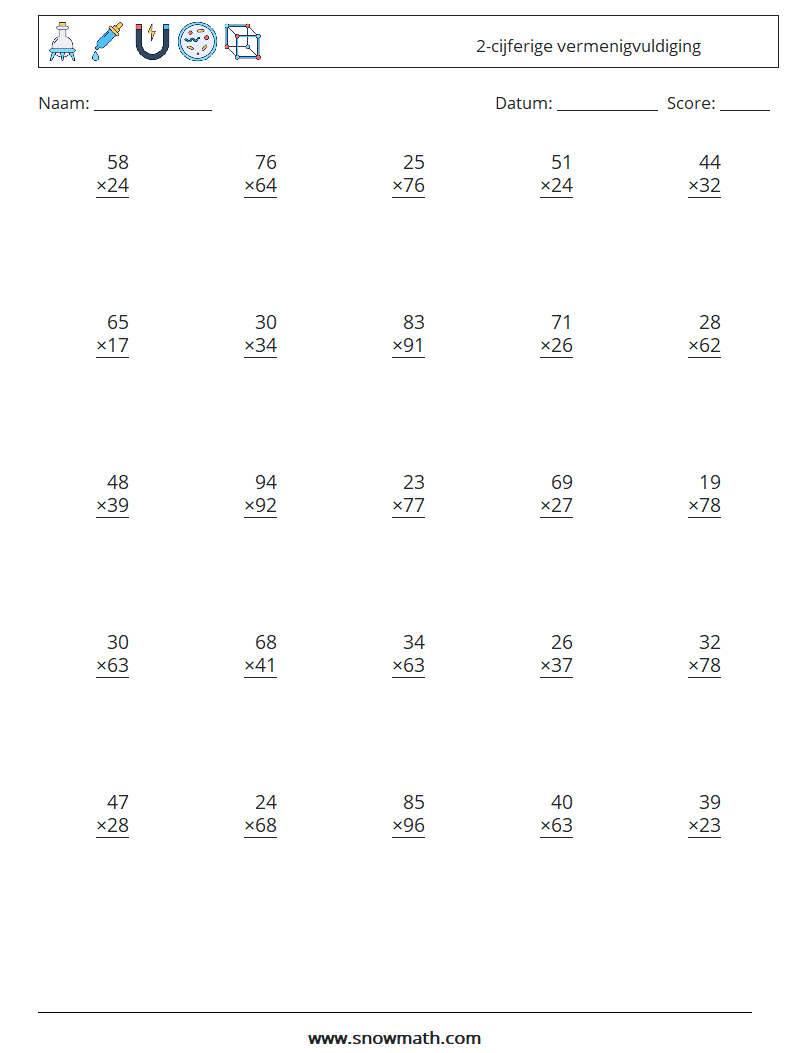 (25) 2-cijferige vermenigvuldiging Wiskundige werkbladen 10