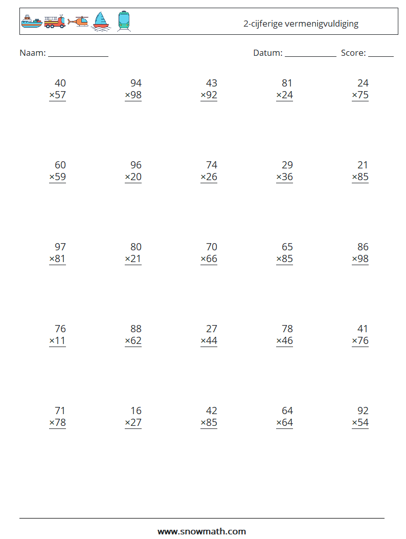 (25) 2-cijferige vermenigvuldiging Wiskundige werkbladen 11