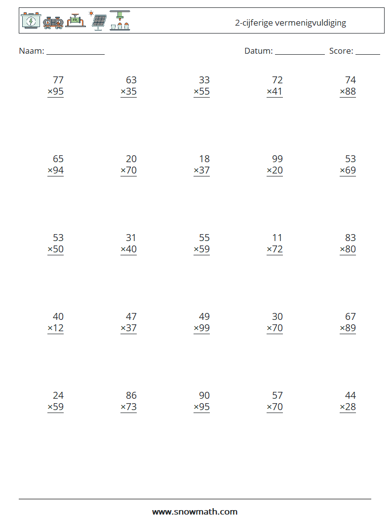 (25) 2-cijferige vermenigvuldiging Wiskundige werkbladen 12