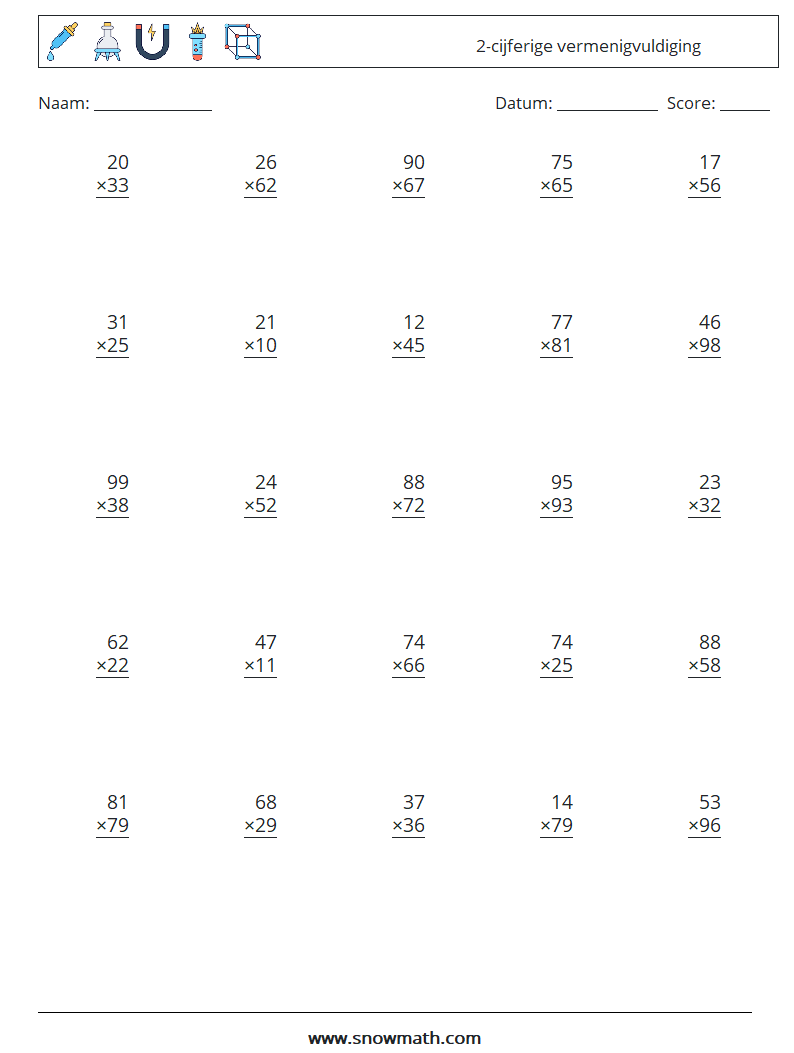(25) 2-cijferige vermenigvuldiging Wiskundige werkbladen 14