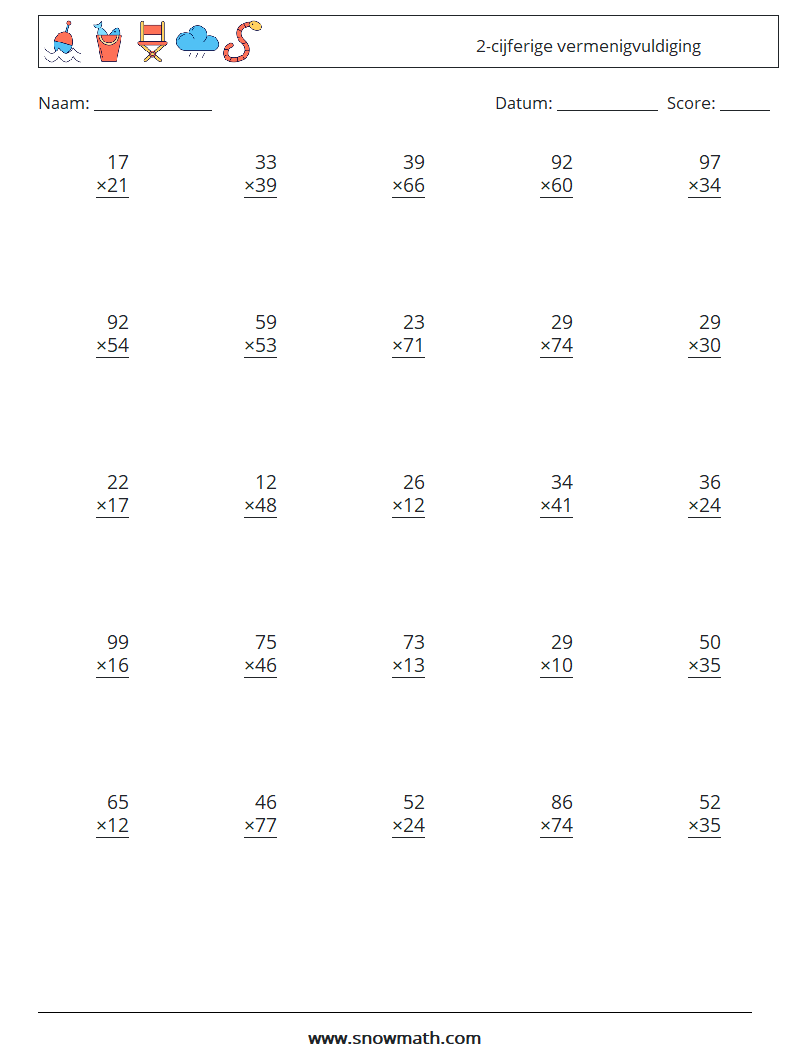 (25) 2-cijferige vermenigvuldiging Wiskundige werkbladen 15