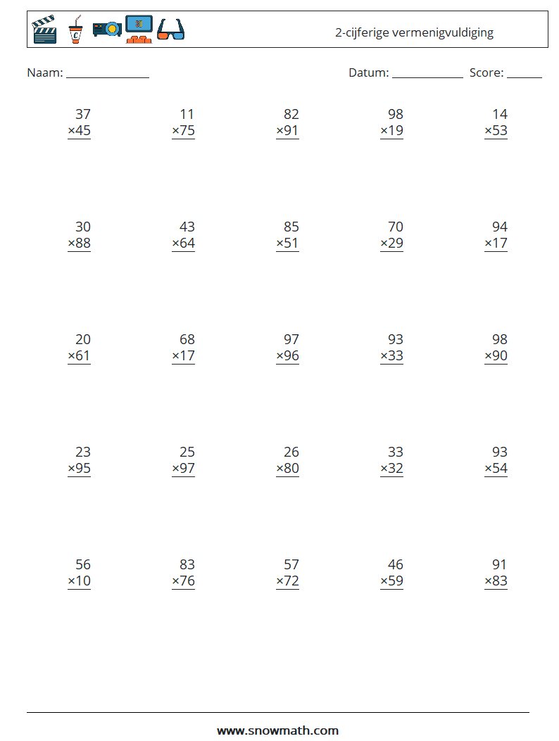 (25) 2-cijferige vermenigvuldiging Wiskundige werkbladen 18