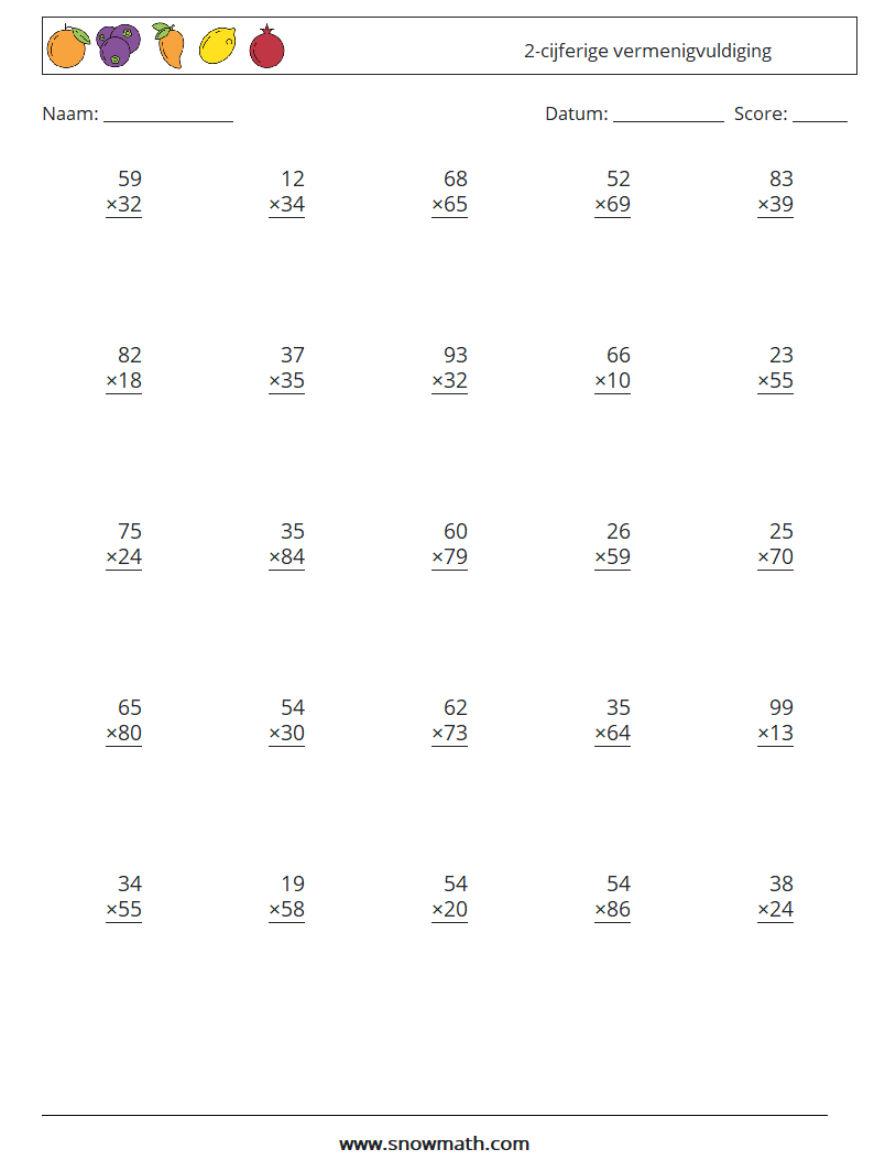 (25) 2-cijferige vermenigvuldiging Wiskundige werkbladen 9