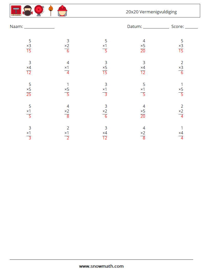 (25) 20x20 Vermenigvuldiging Wiskundige werkbladen 11 Vraag, Antwoord