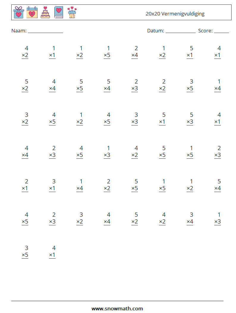 (50) 20x20 Vermenigvuldiging Wiskundige werkbladen 11