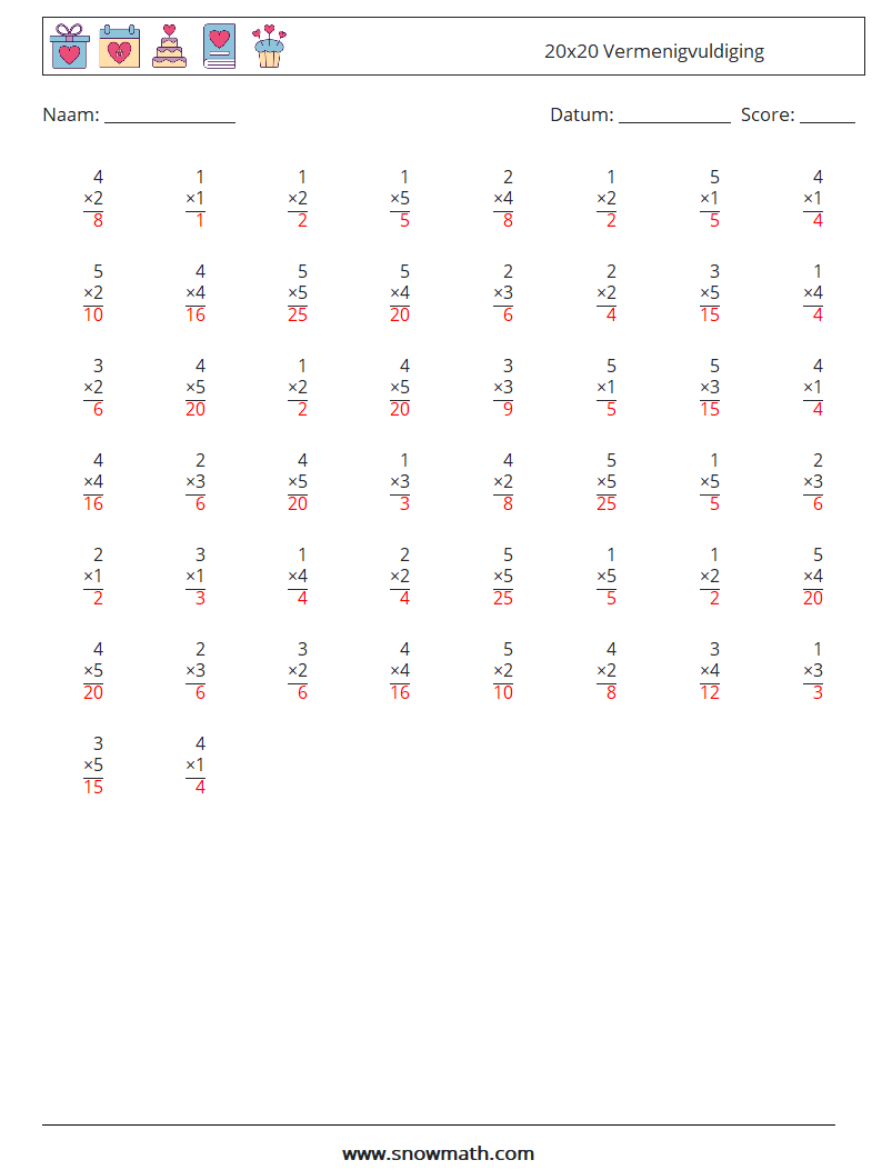 (50) 20x20 Vermenigvuldiging Wiskundige werkbladen 11 Vraag, Antwoord