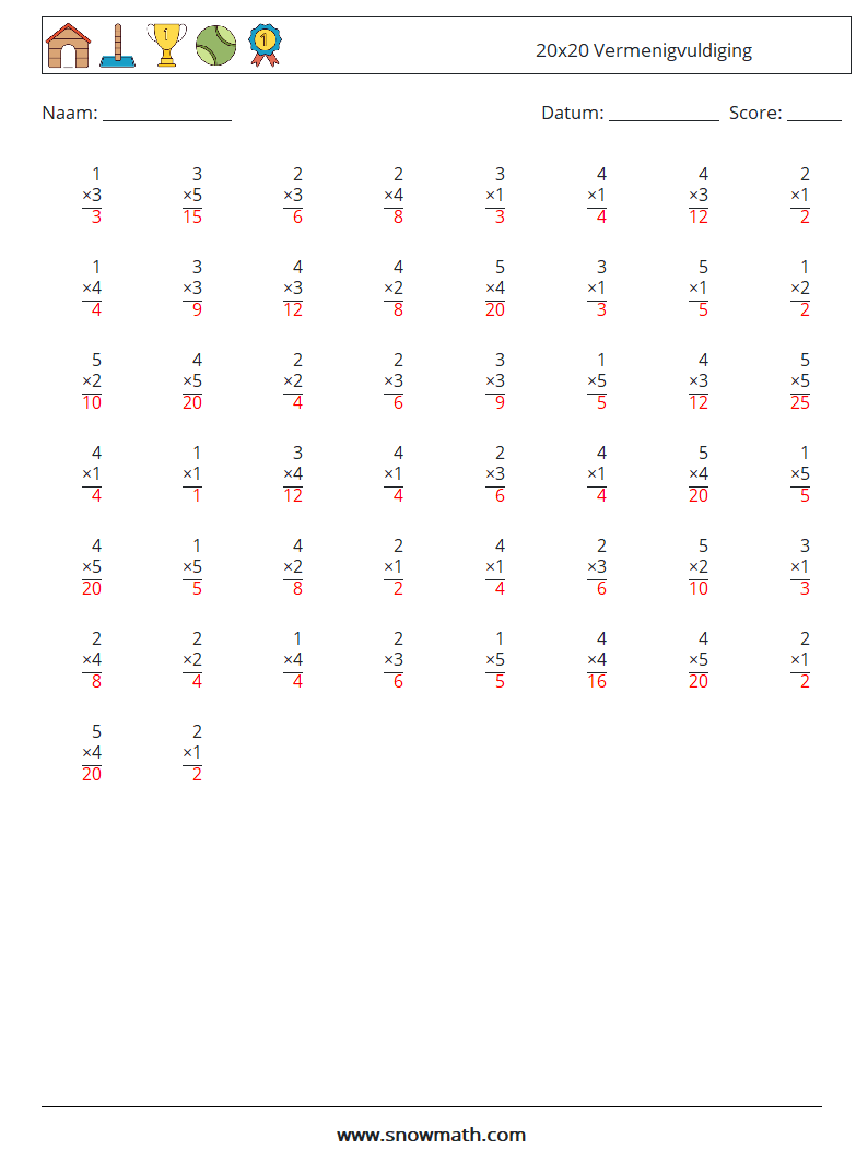 (50) 20x20 Vermenigvuldiging Wiskundige werkbladen 12 Vraag, Antwoord