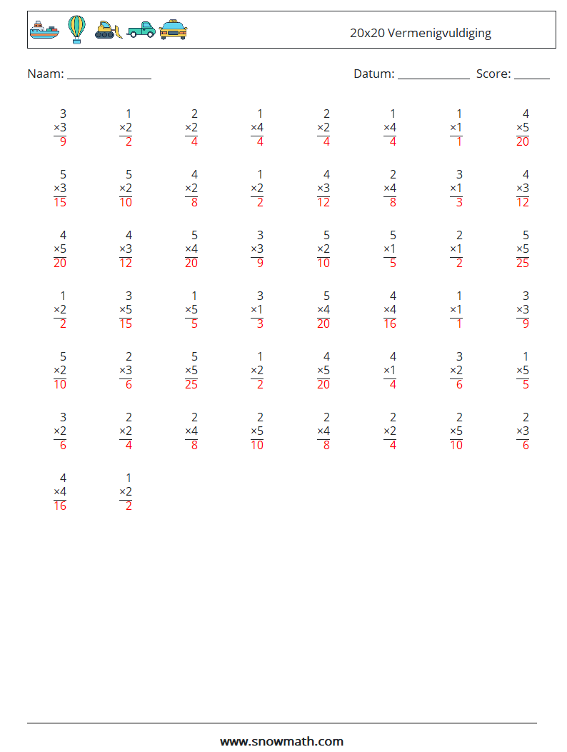 (50) 20x20 Vermenigvuldiging Wiskundige werkbladen 13 Vraag, Antwoord