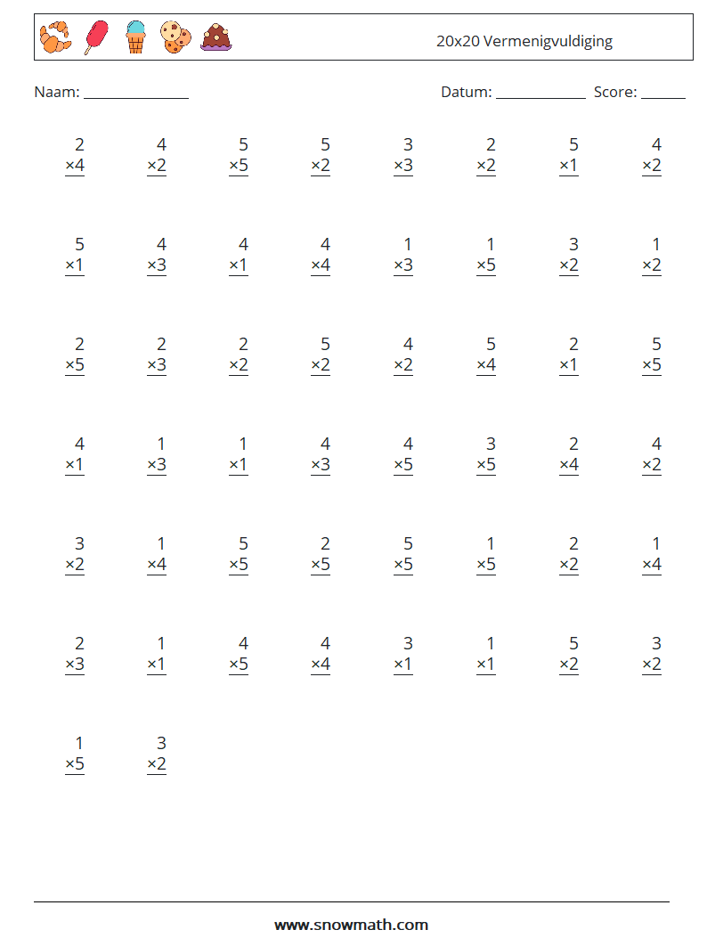 (50) 20x20 Vermenigvuldiging Wiskundige werkbladen 18