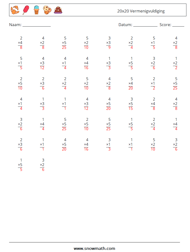 (50) 20x20 Vermenigvuldiging Wiskundige werkbladen 18 Vraag, Antwoord