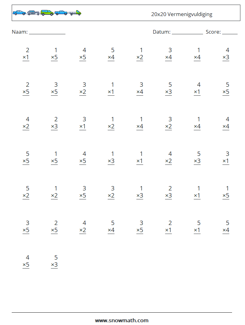 (50) 20x20 Vermenigvuldiging Wiskundige werkbladen 5